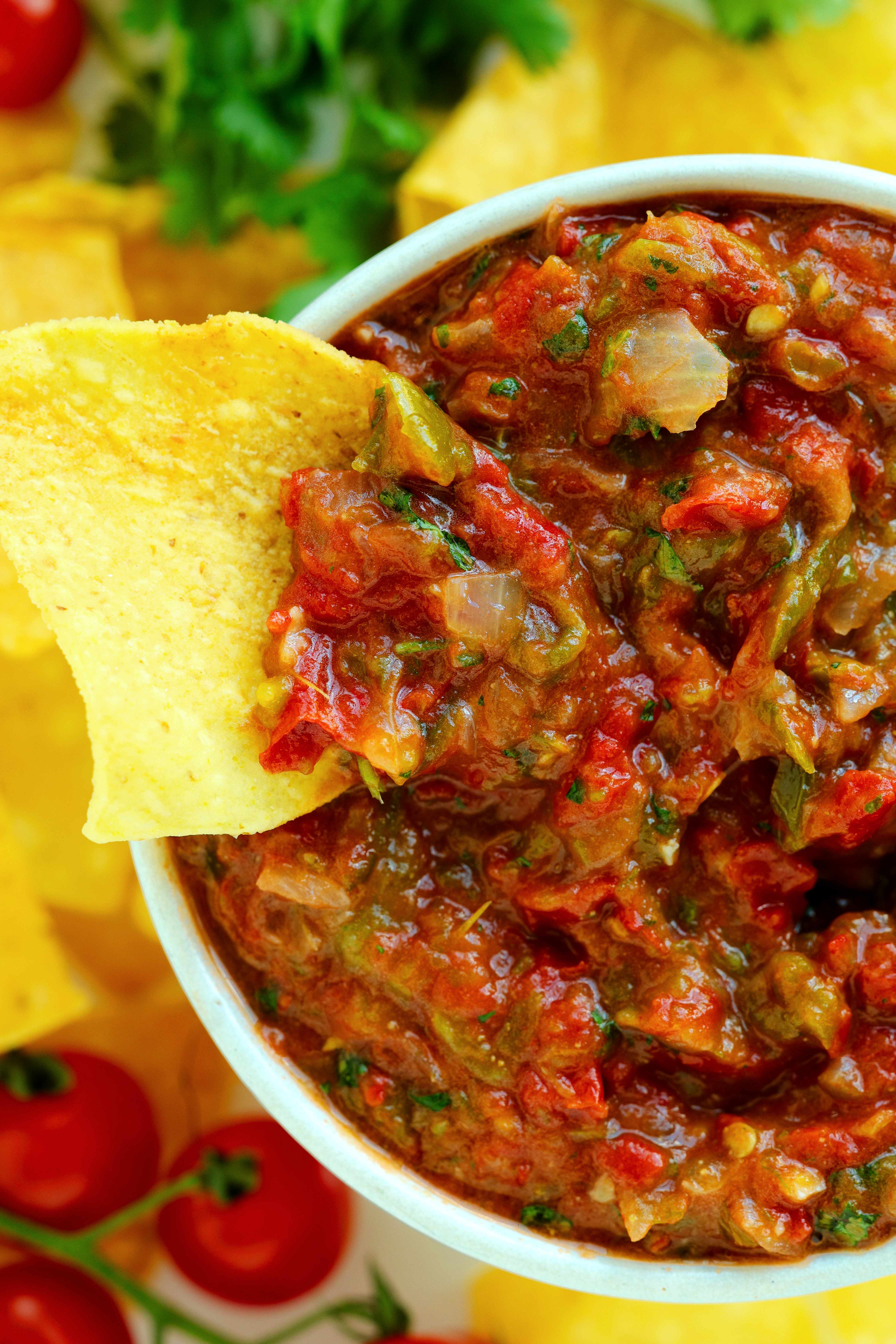 Closeup of Salsa Ranchera with a tortilla chip