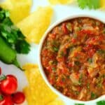 Closeup of Salsa Ranchera with a tortilla chip