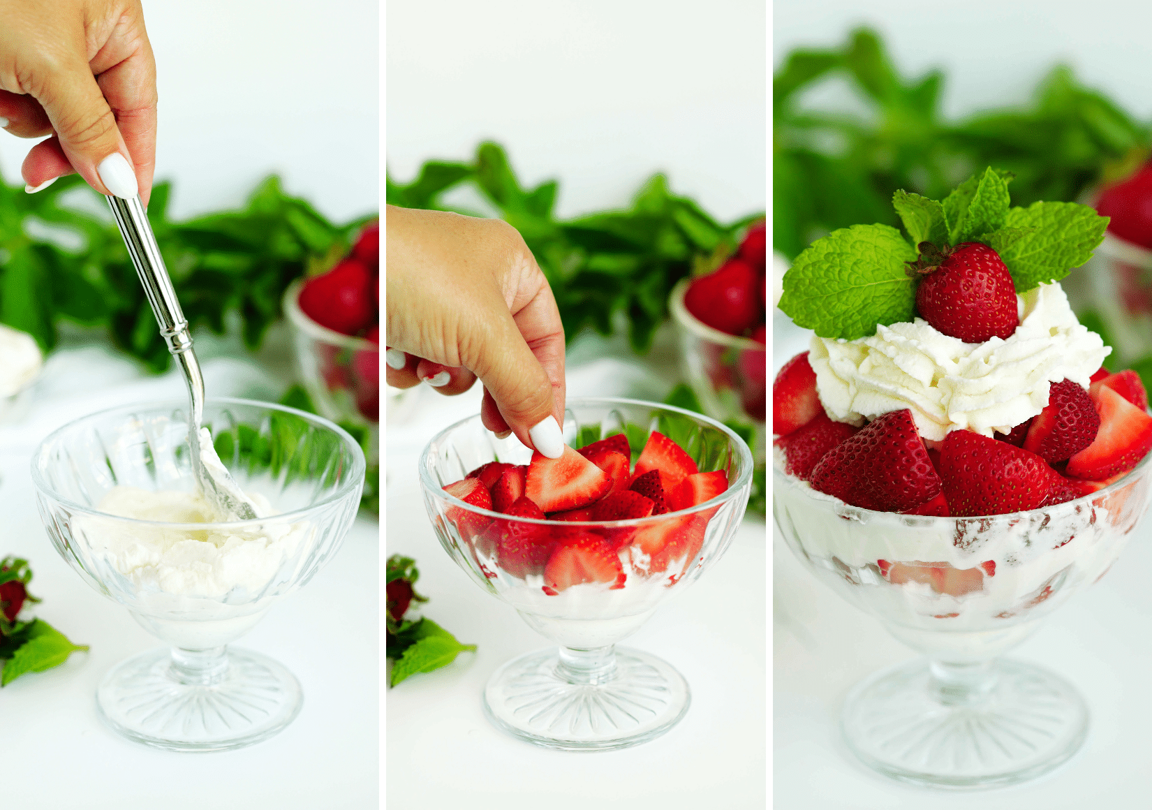 Steps to assemble Strawberries and Cream in a dessert bowl