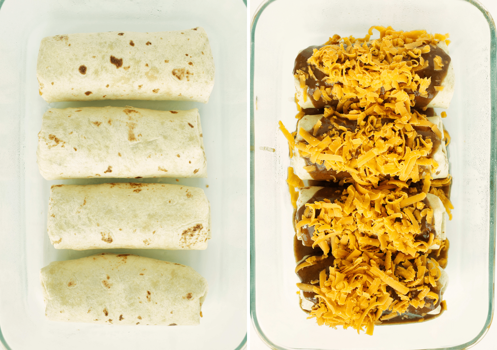 Steps to cover wet burritos with sauce and grated cheddar cheese