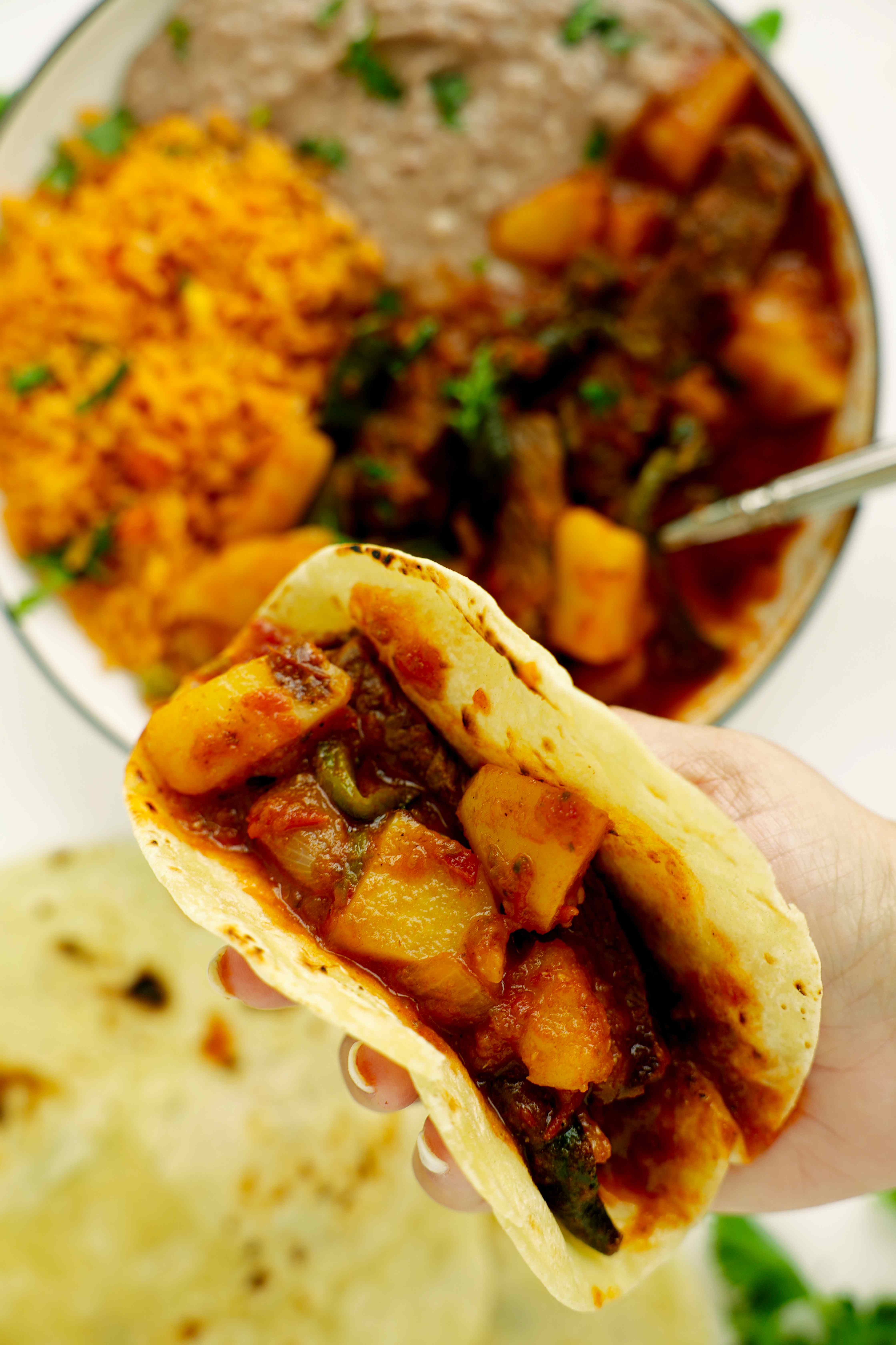 Overhead shot of Bistro Ranchero loaded up in a flour tortilla
