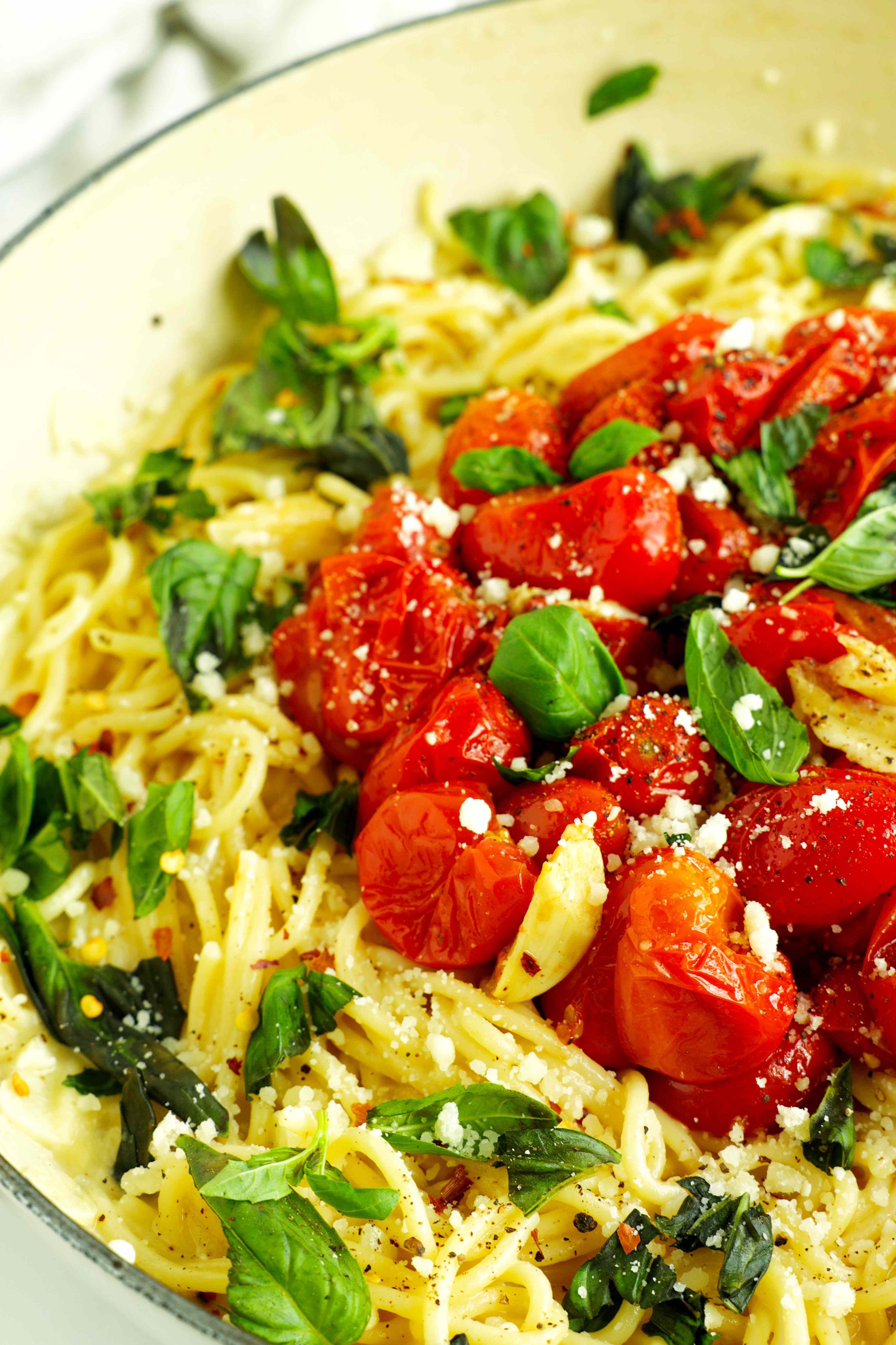 Close-up shot of Chery Tomato Pasta in a Dutch oven