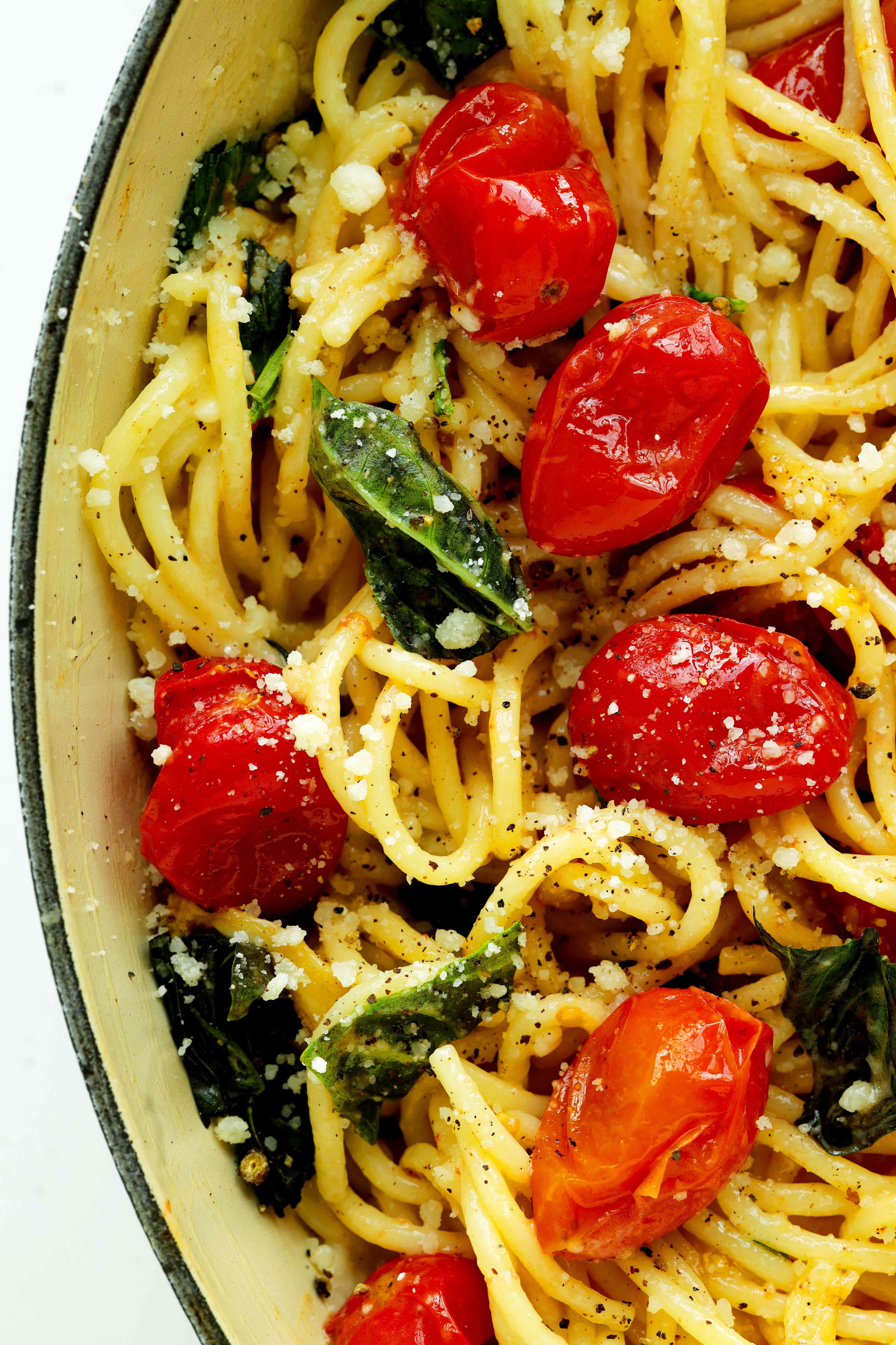 Overhead, closeup shot of Chery Tomato Pasta in a Dutch oven