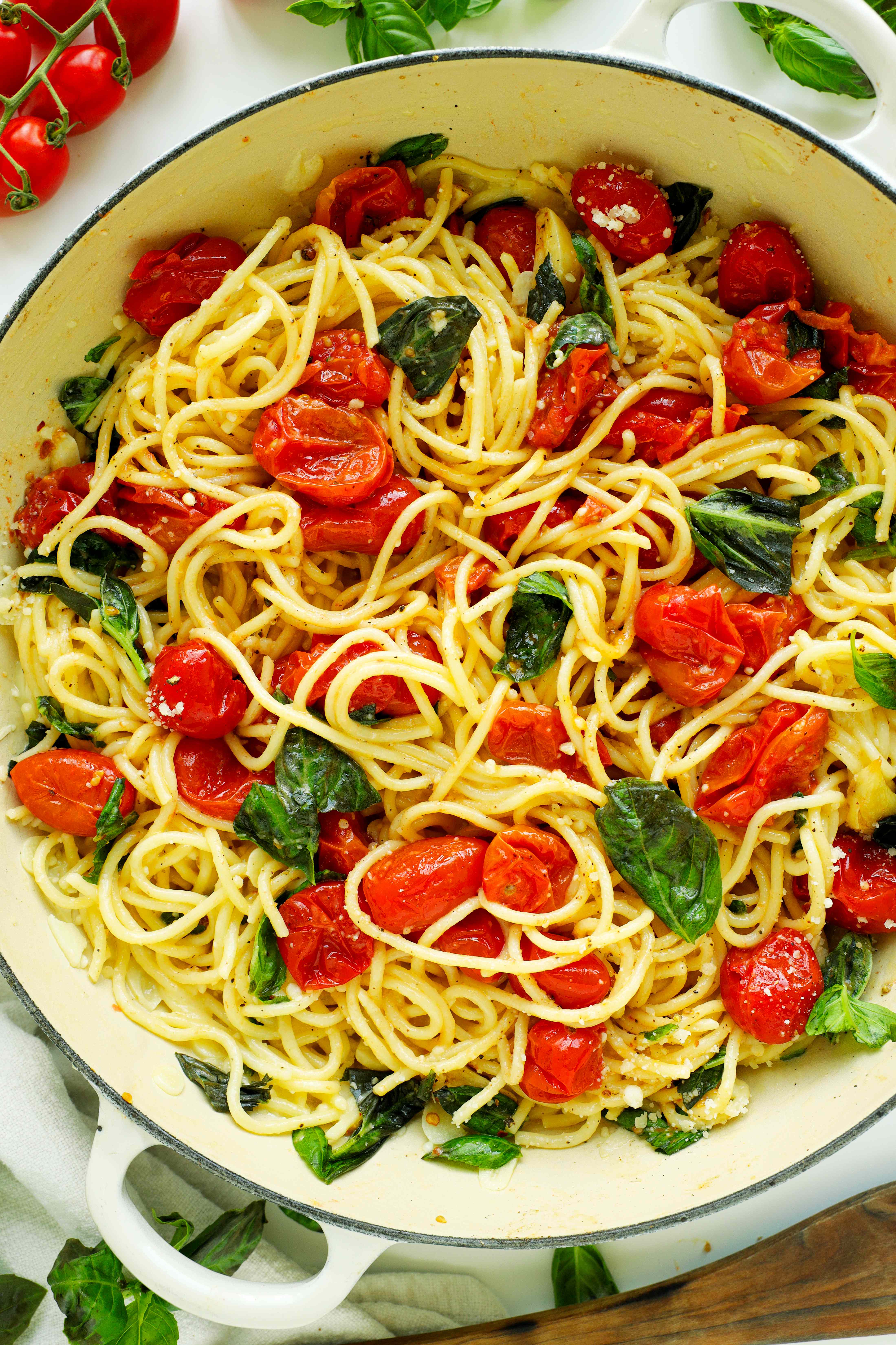 Overhead shot of Chery Tomato Pasta in a Dutch oven