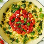 Overhead shot of Chery Tomato Pasta in a Dutch oven