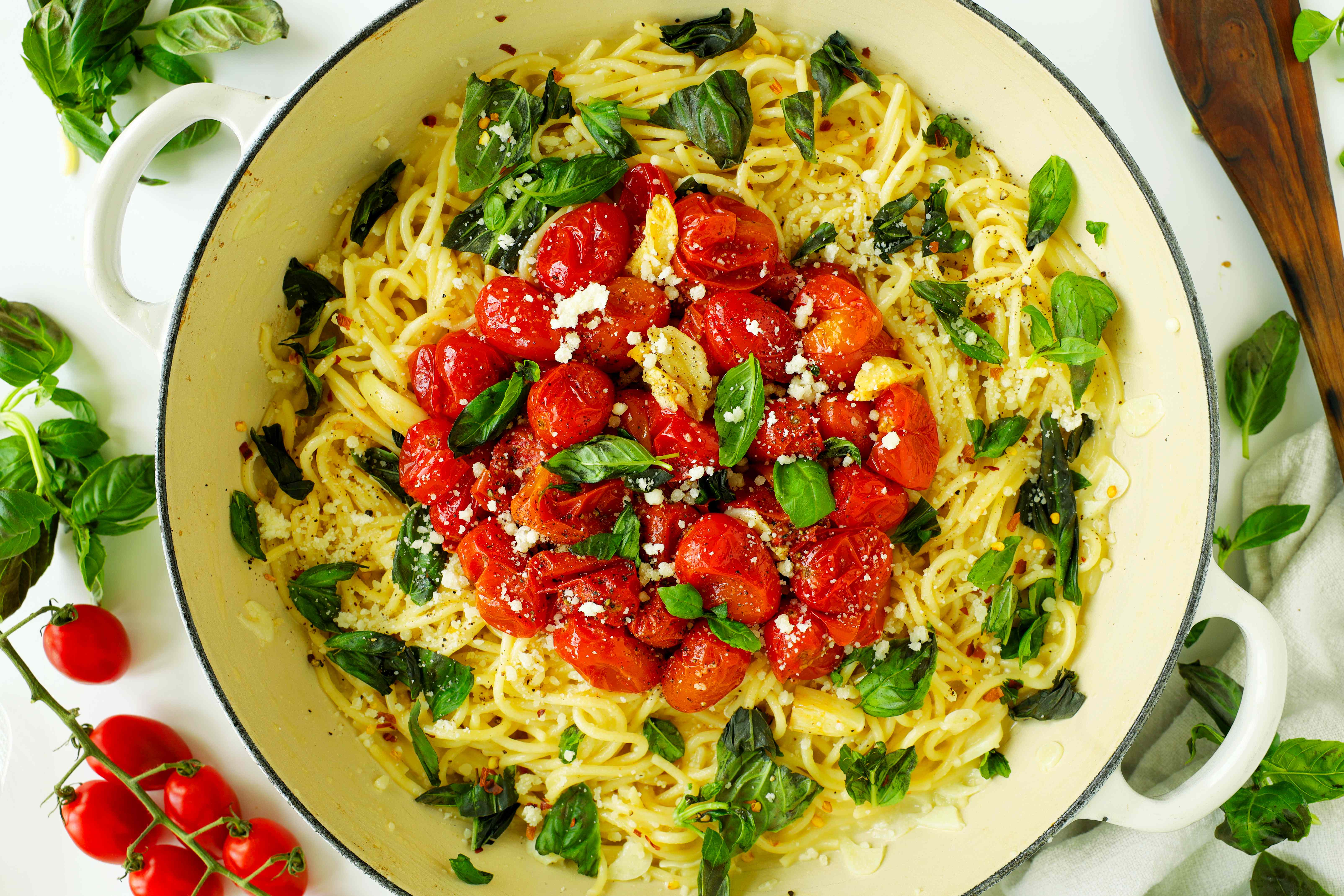 Overhead shot of Chery Tomato Pasta in a Dutch oven