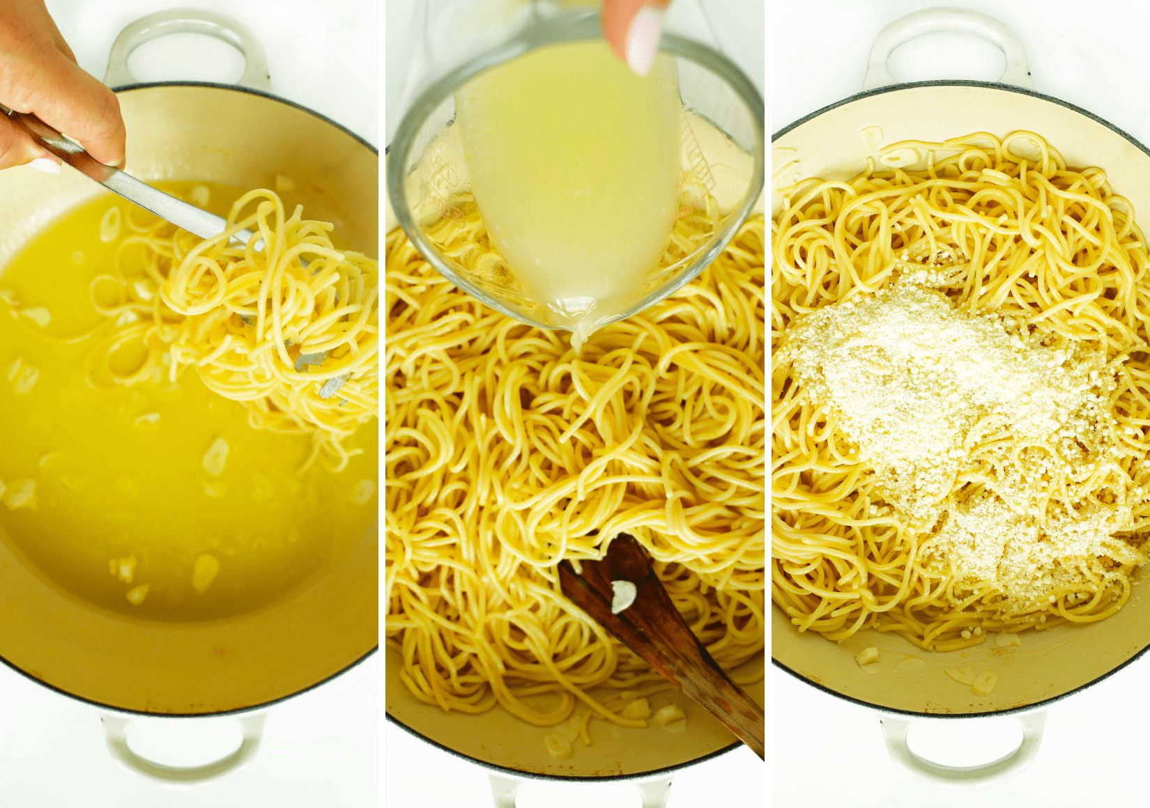Steps to add the noodles, pasta water, and Parmesan to the pot for Cherry Tomato Pasta
