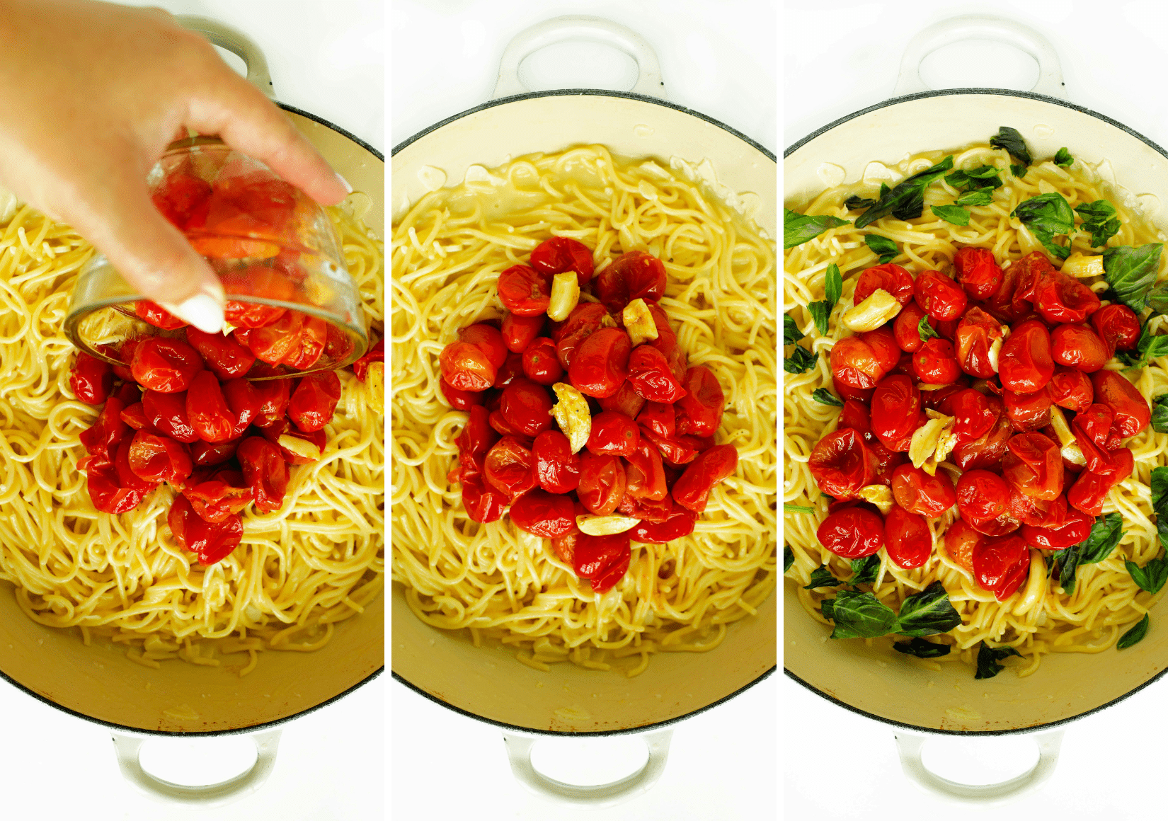 Steps to add tomatoes, garlic, and fresh basil to the pot for Cherry Tomato Pasta