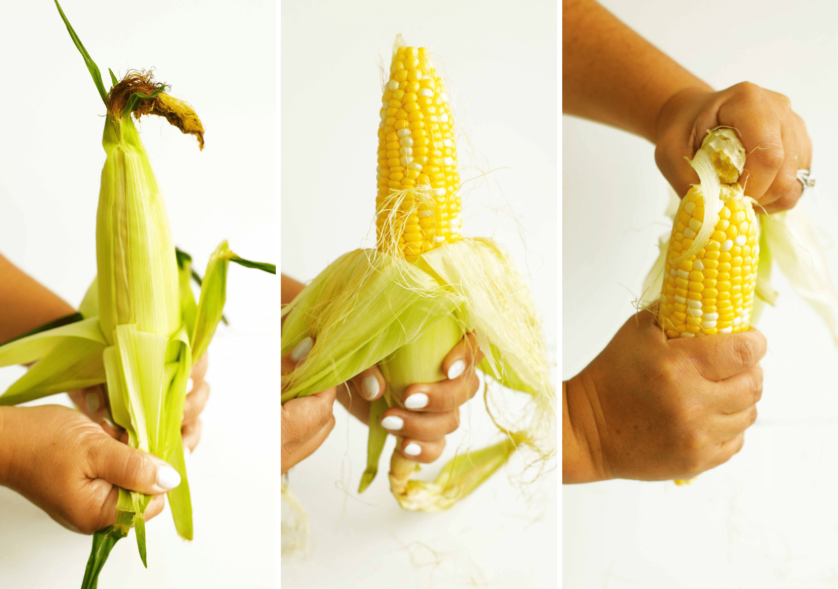Steps to pull the husk of a corn cob for Fried Corn