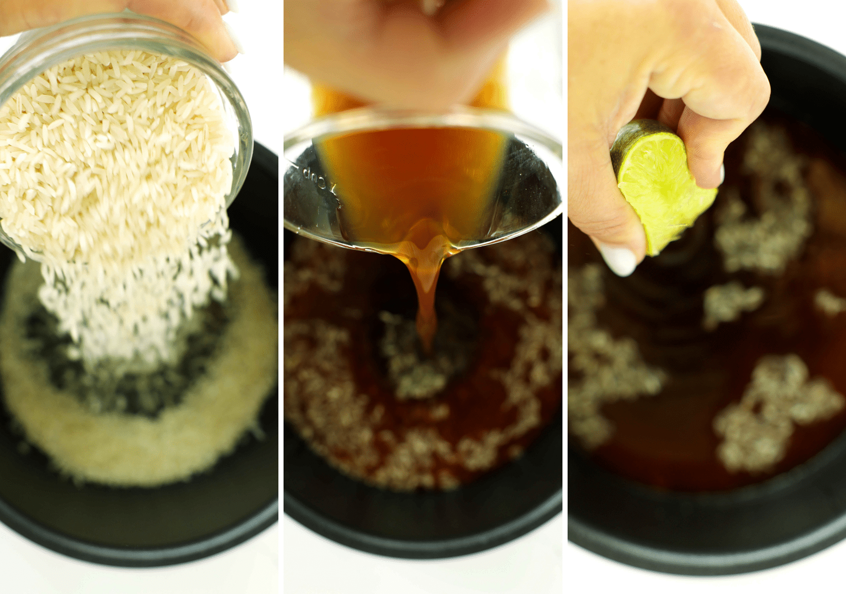 Steps to put in rice, broth, and lime into the rice cooker for Mexican Rice