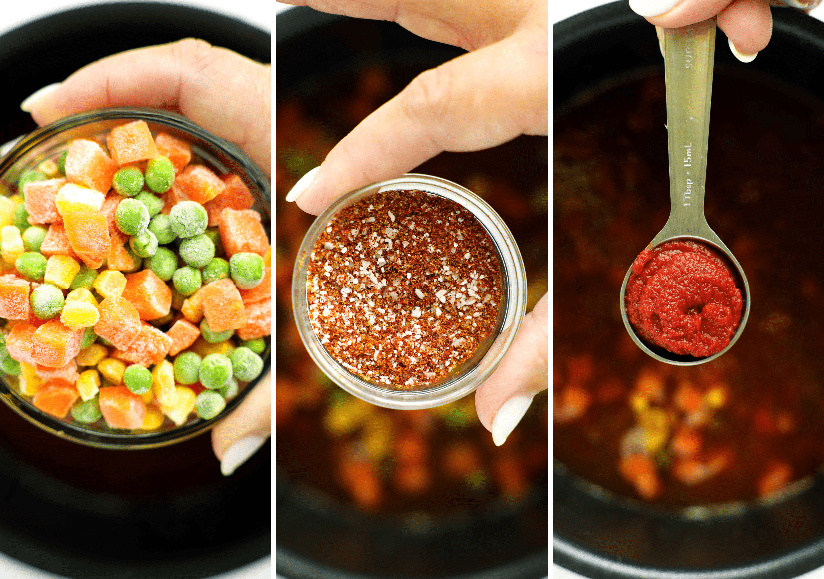 Steps to put in frozen veggies, spices, and tomato paste into the rice cooker for Mexican Rice
