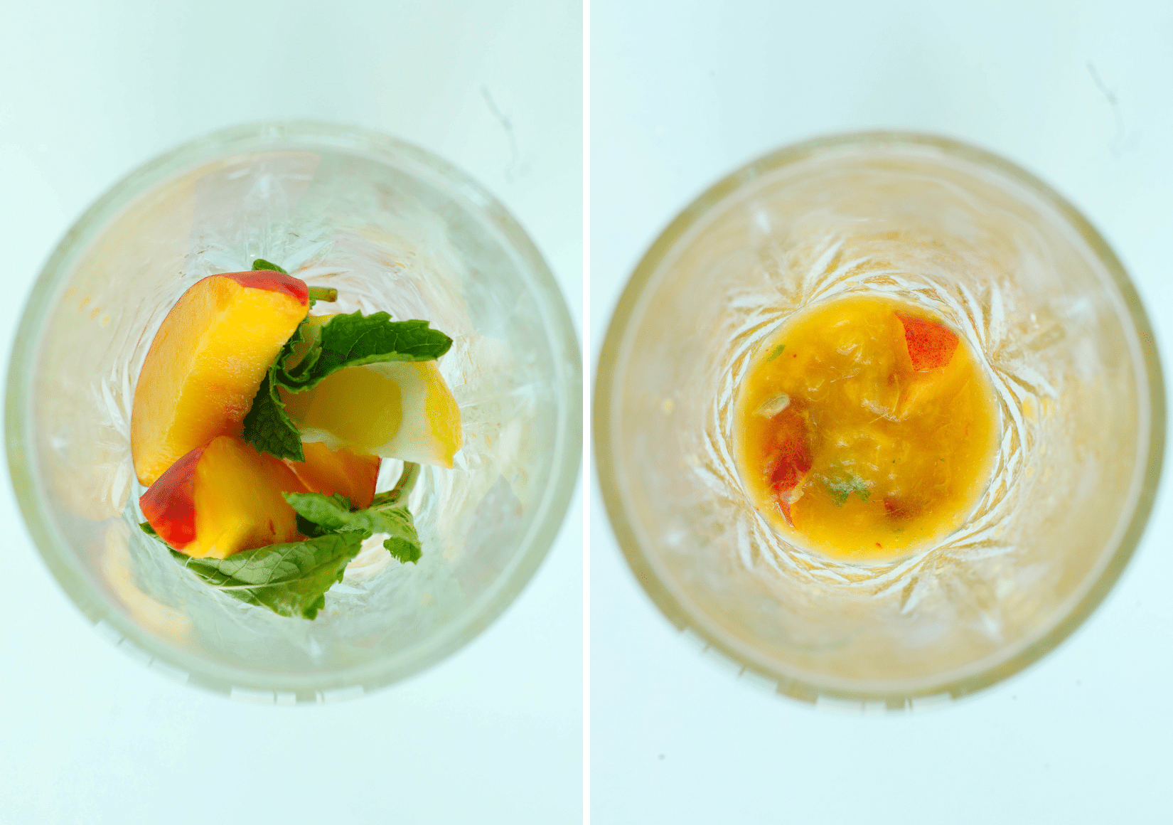 Steps to muddle fresh ingredients for Peach Bourbon Smash