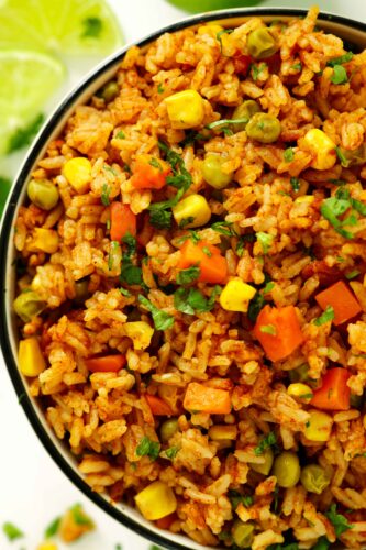 Overhead, close-up shot of Mexican Rice