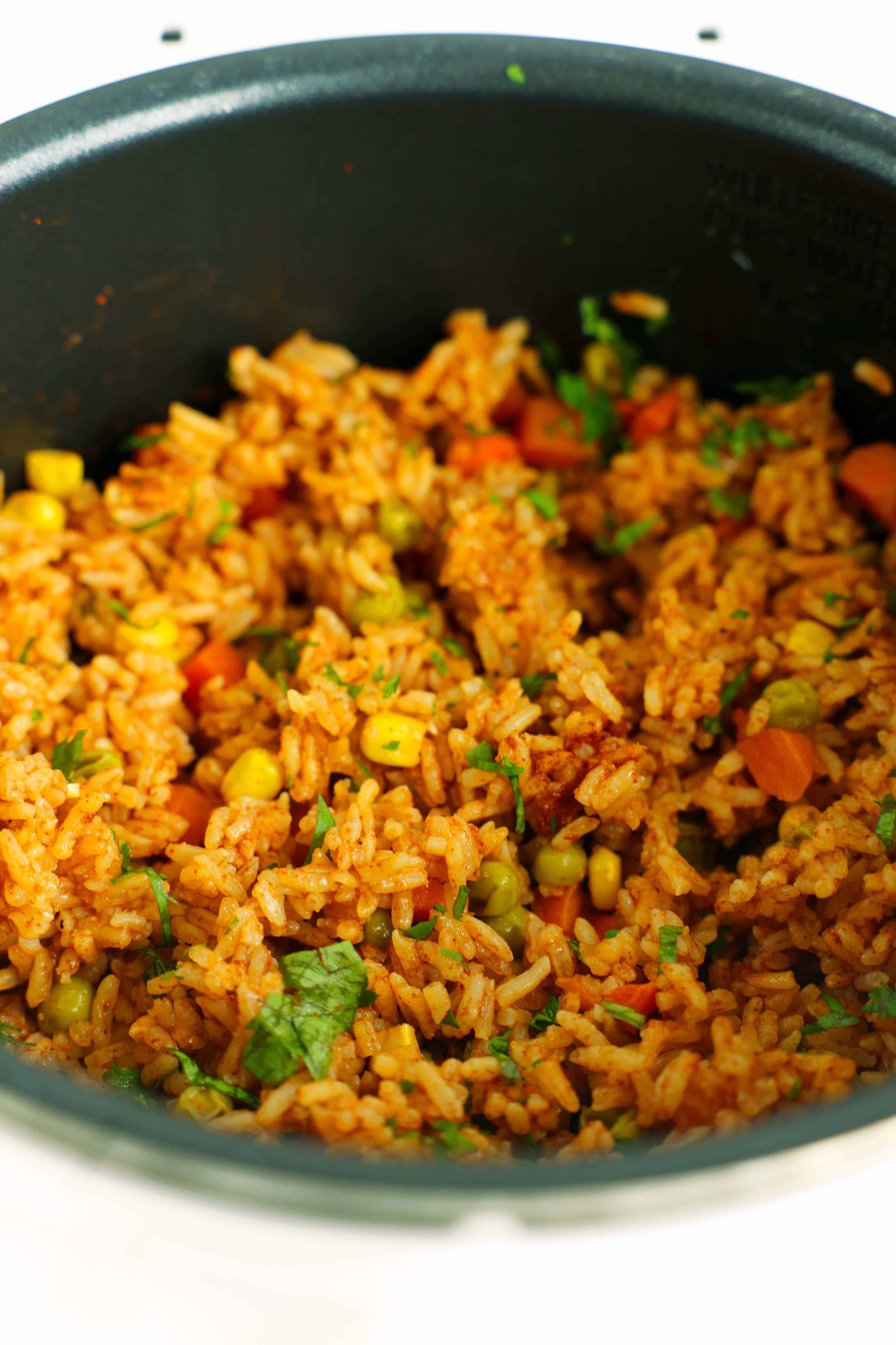 Overhead, close-up shot of Mexican Rice in a Rice Cooker