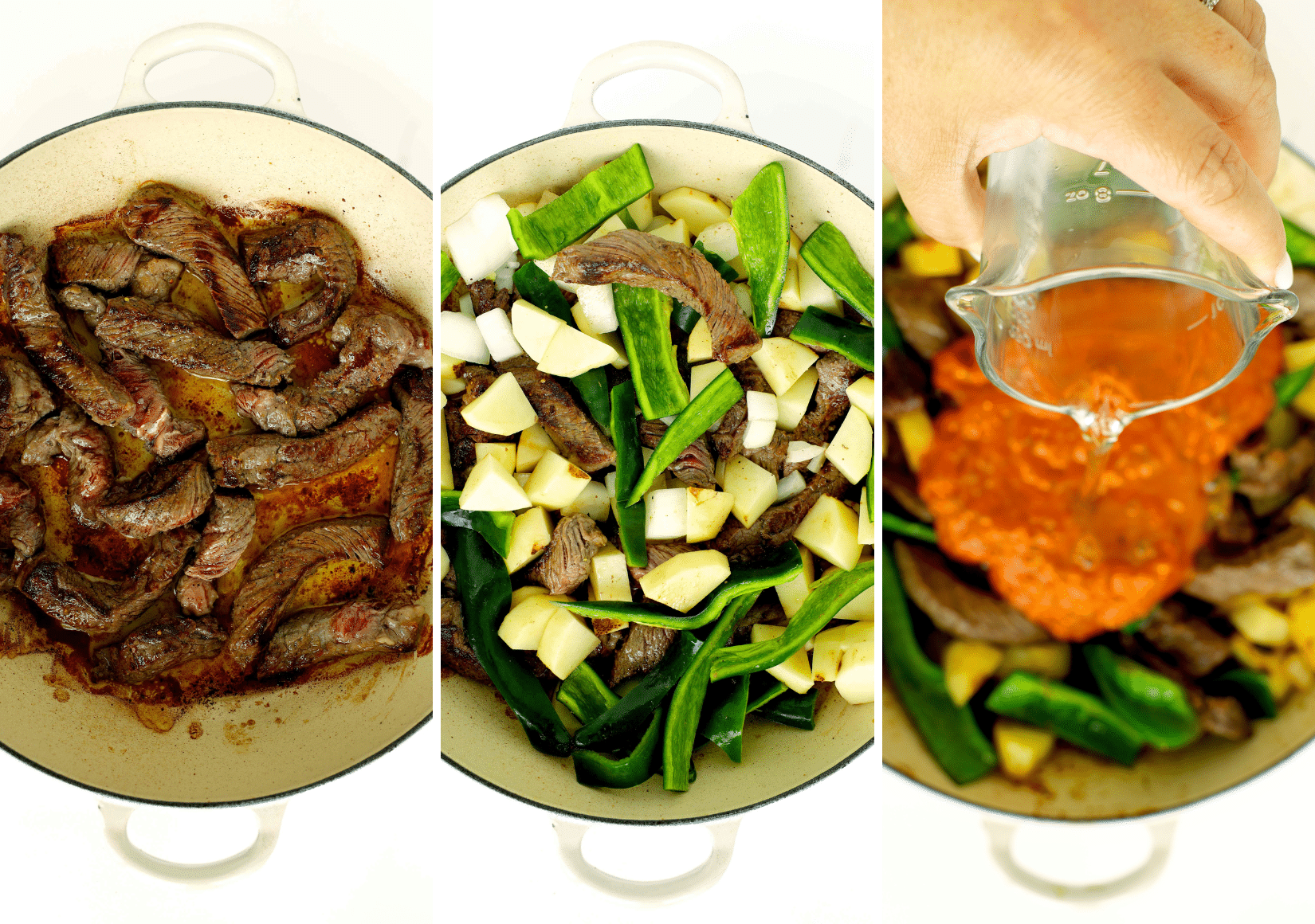 Steps to cook the beef, veggies, and ranchero sauce for Bistec Ranchero in a Dutch oven
