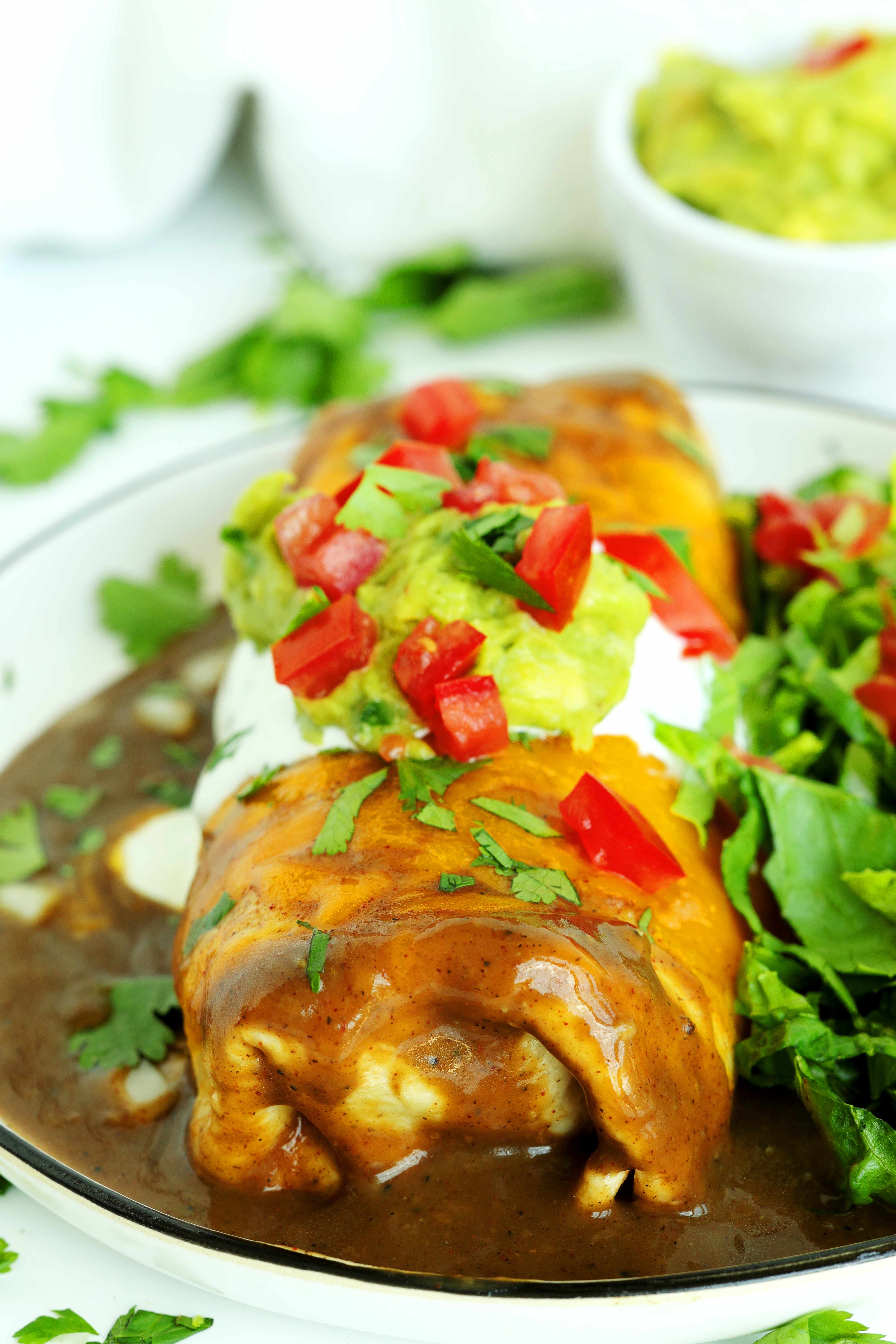 Close-up shot of a Wet Burrito topped with guacamole, dice tomatoes, and cilantro