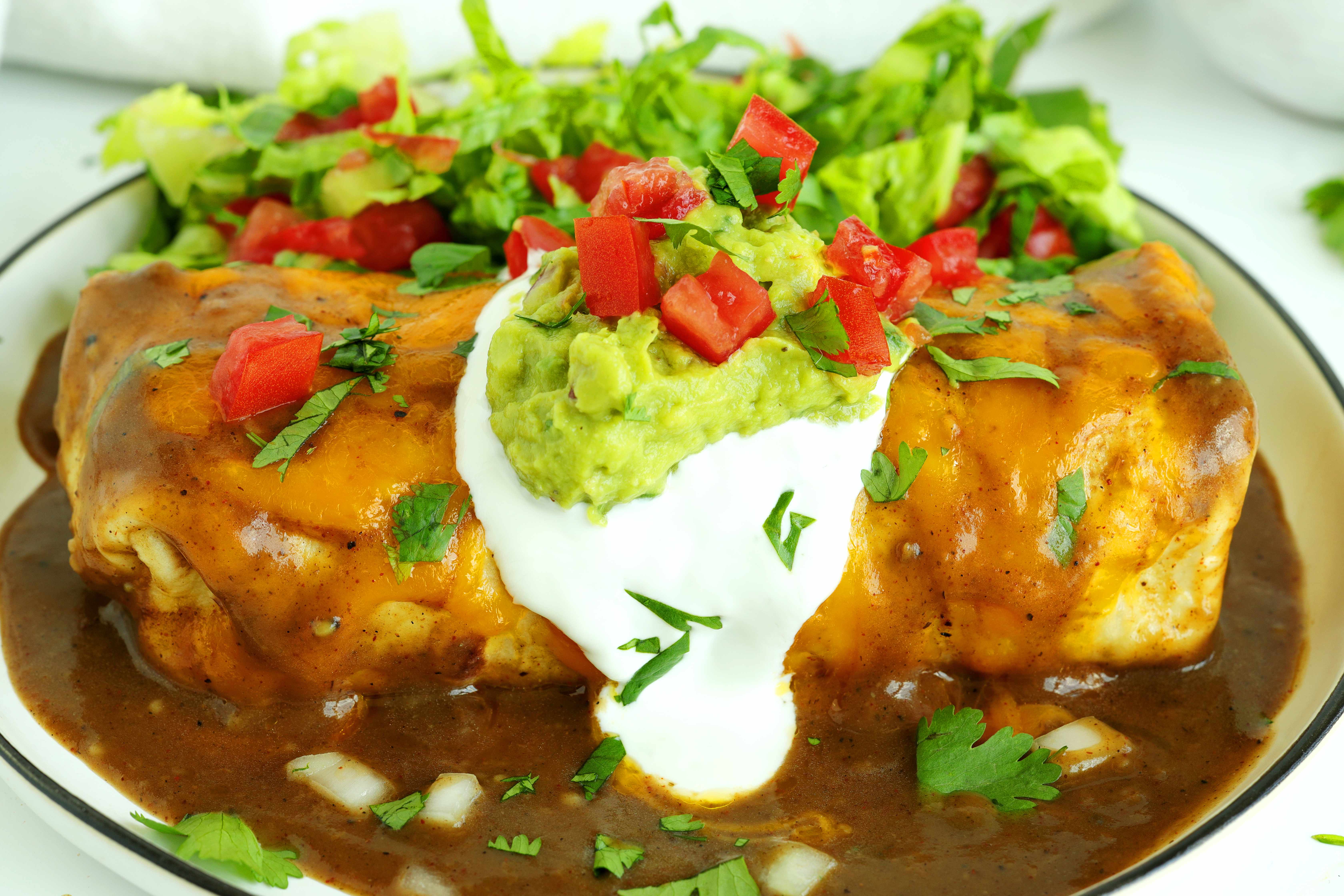 Close-up view Wet Burrito topped with guacamole, sour cream, diced tomatoes, and cilantro
