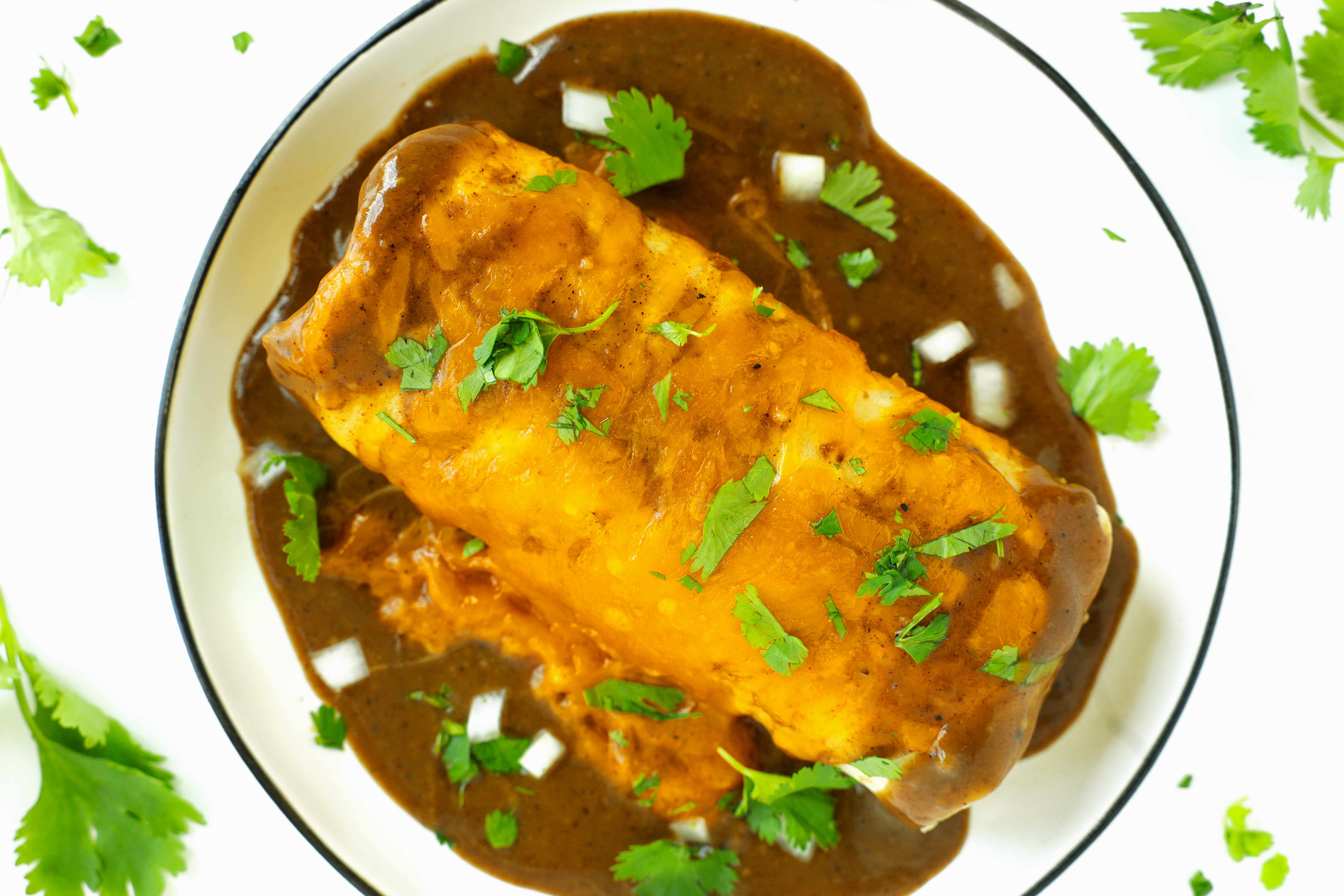 Overhead shot of Wet Burrito topped with cilantro