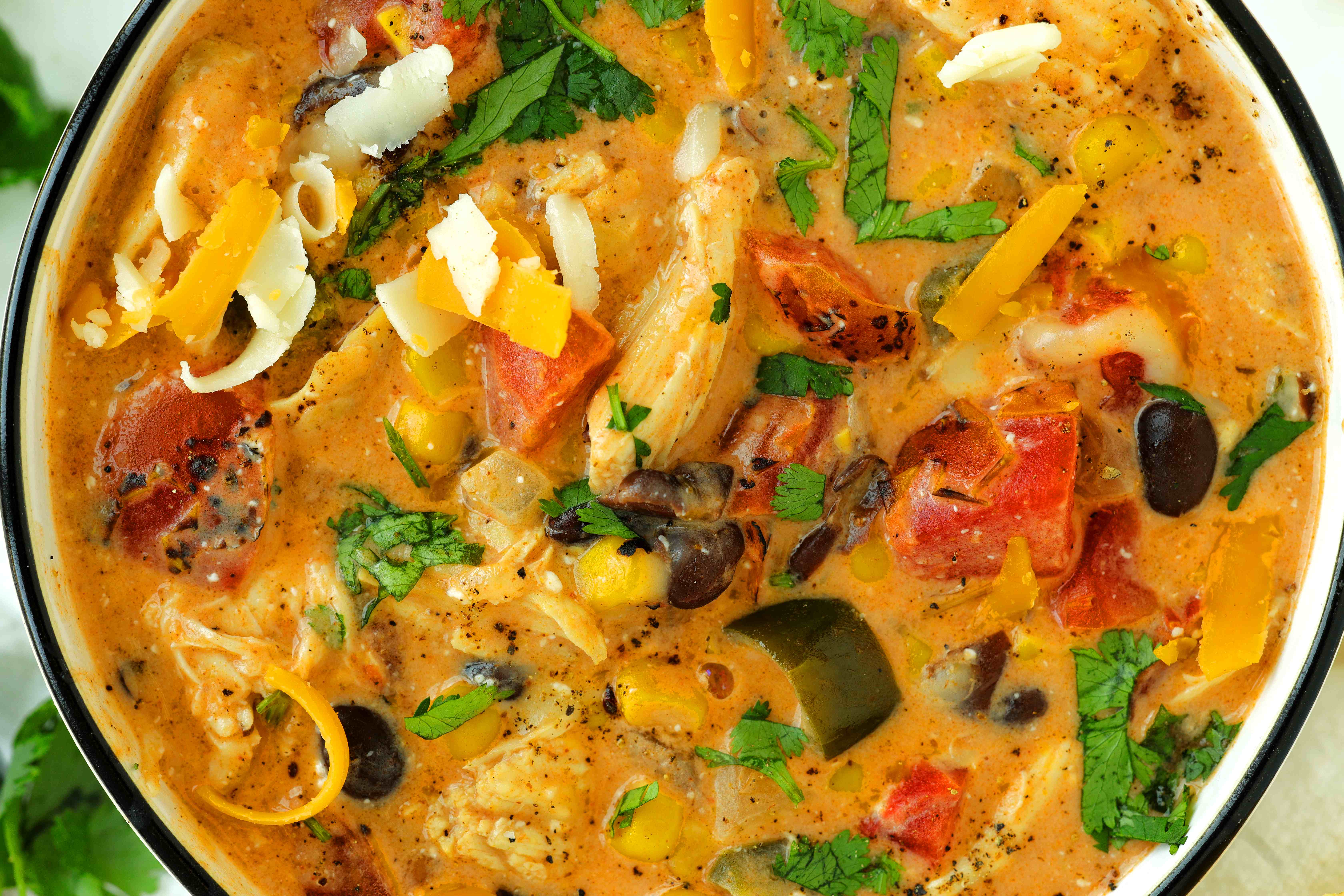 Overhead close up of Chicken Enchilada Soup