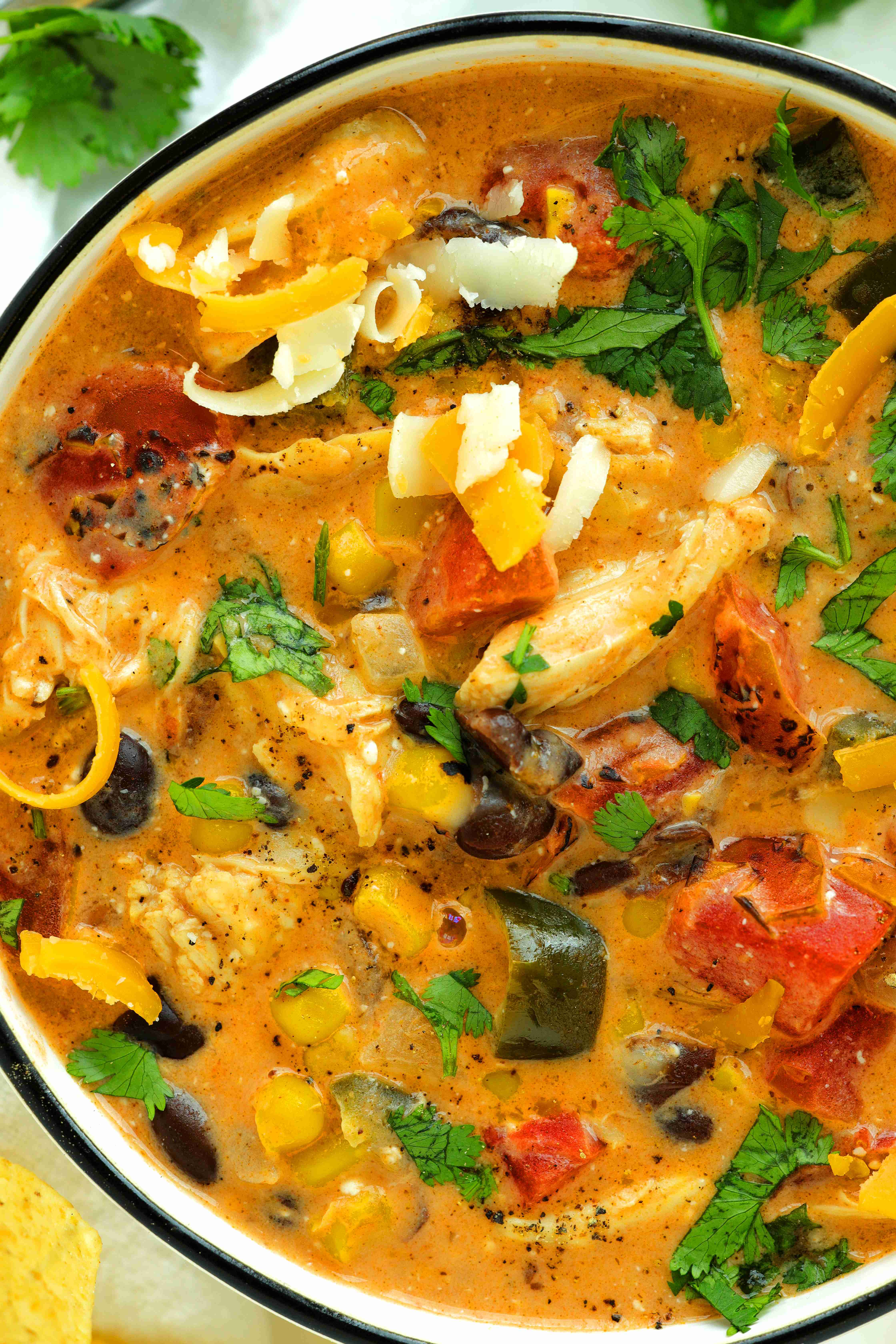 Overhead close up of Chicken Enchilada Soup
