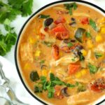 Overhead close up of Chicken Enchilada Soup