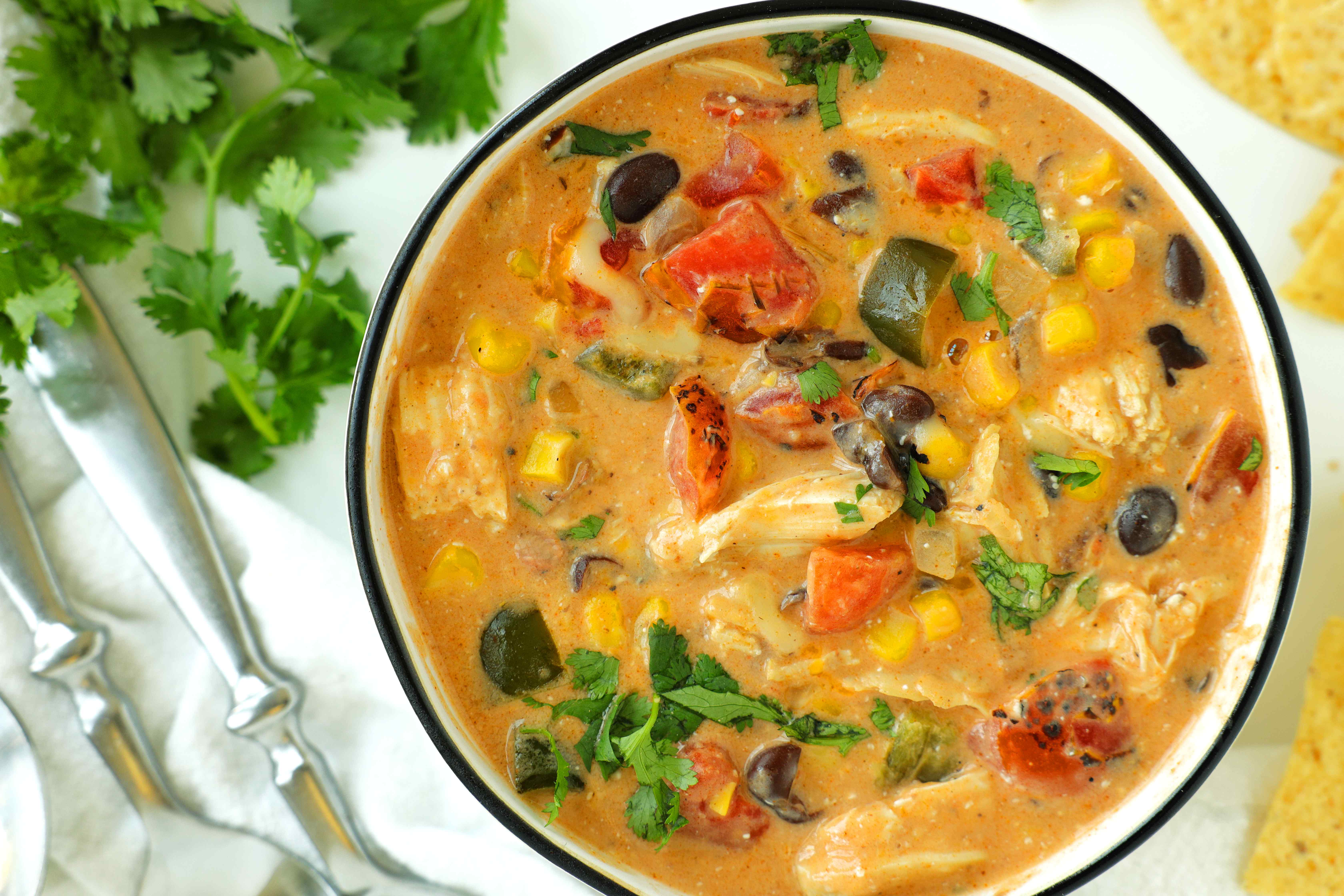 Overhead close up of Chicken Enchilada Soup