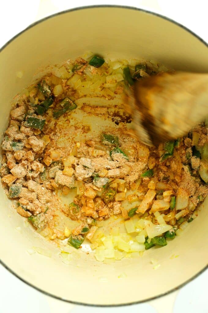 Coated the onion, jalapeno, and garlic with flour for Chicken Enchilada Soup