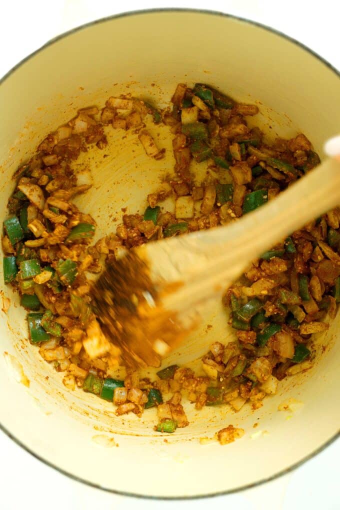 Sauteing onions, jalapeno, and garlic for Chicken Enchilada Soup