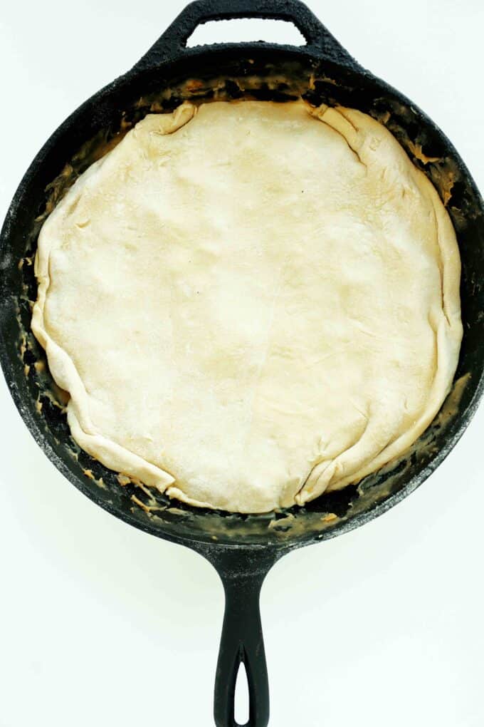 Overhead shot of uncooked Chicken Pot Pie with Puff Pastry