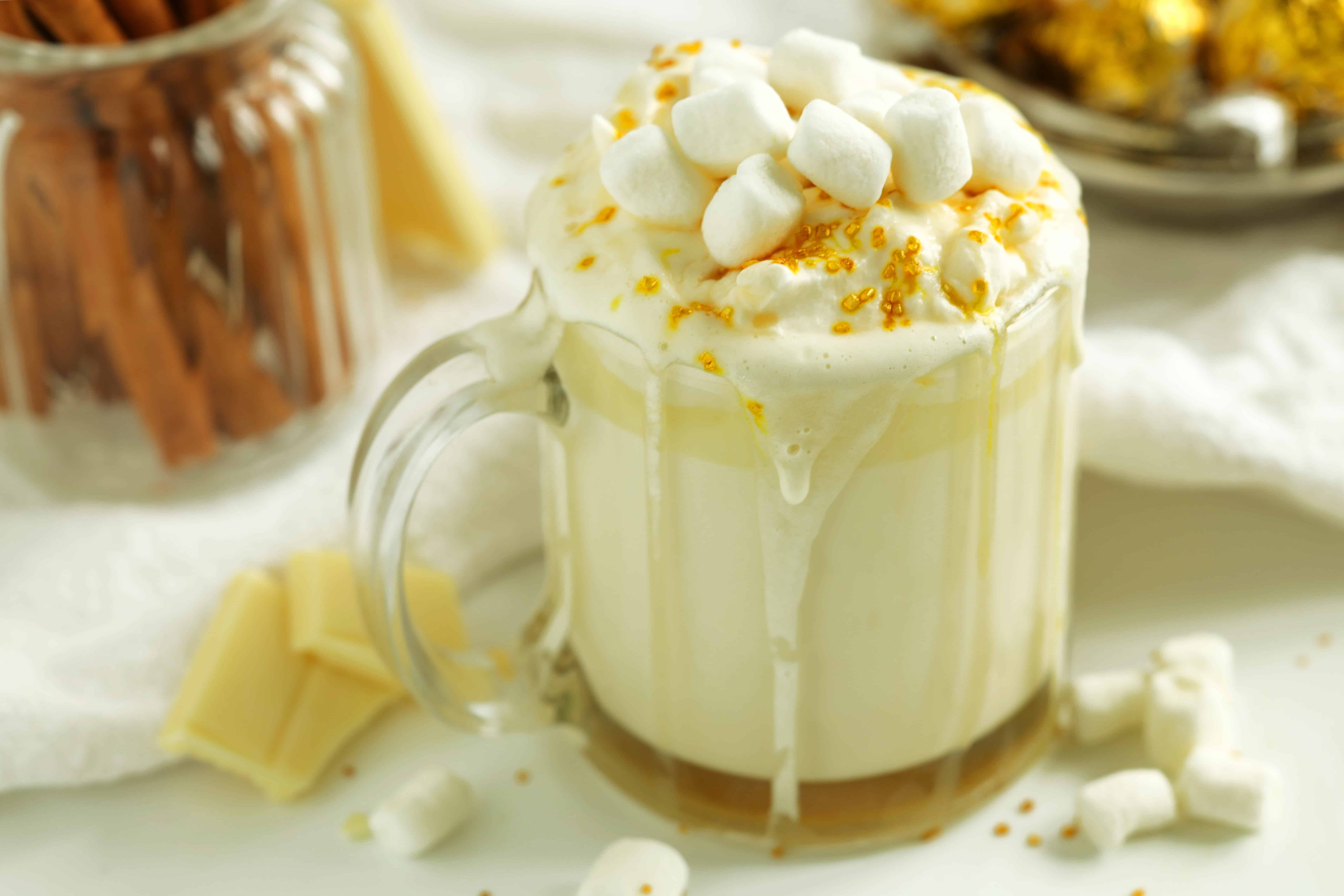 White Hot Chocolate with marshmallows in a mug