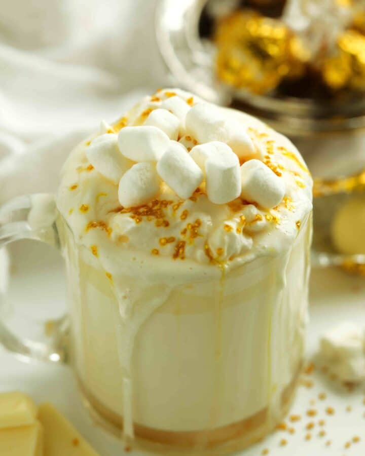 White Hot Chocolate with marshmallows in a mug