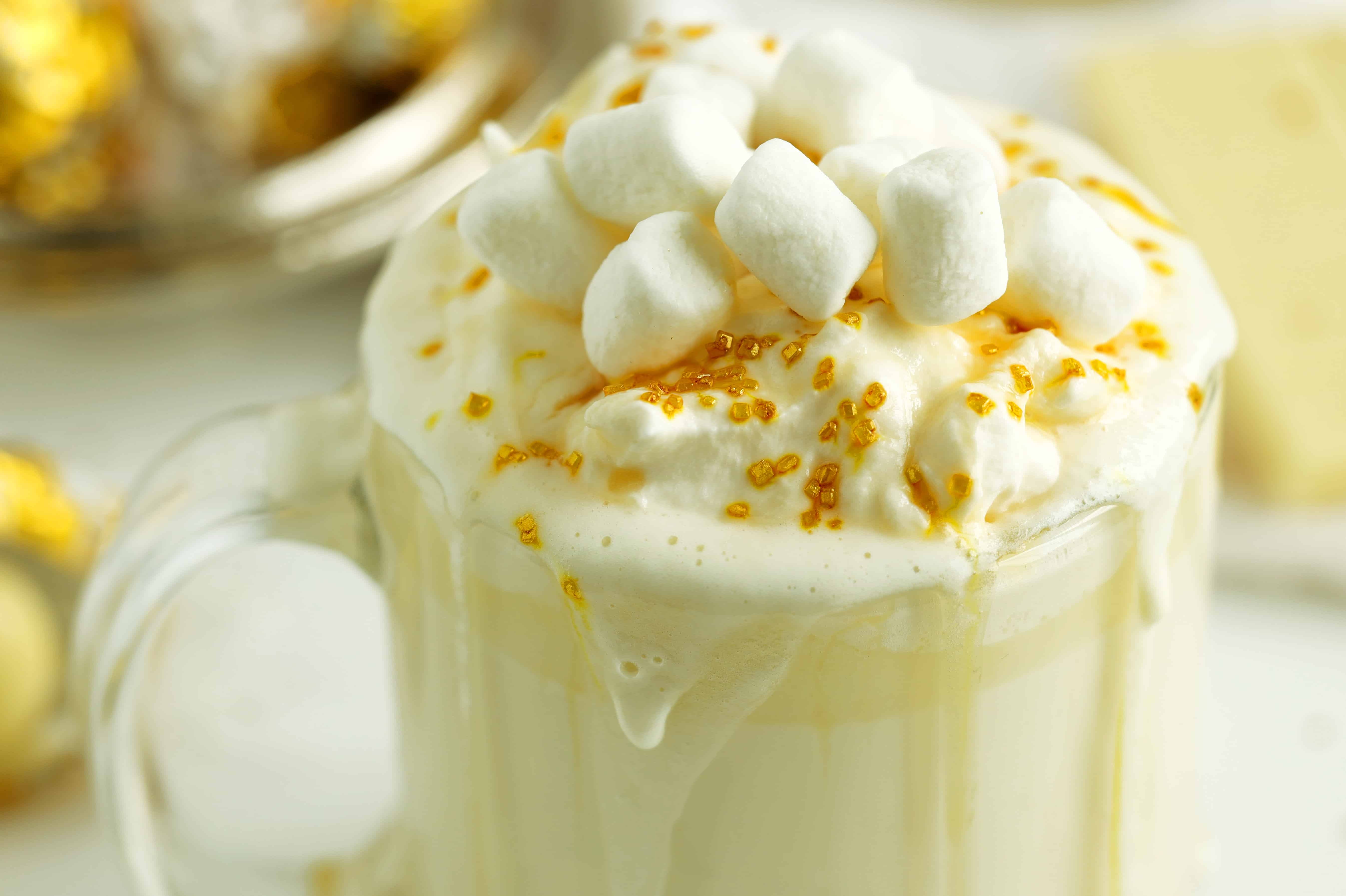 Close-up shot of White Hot Chocolate with marshmallows in a mug