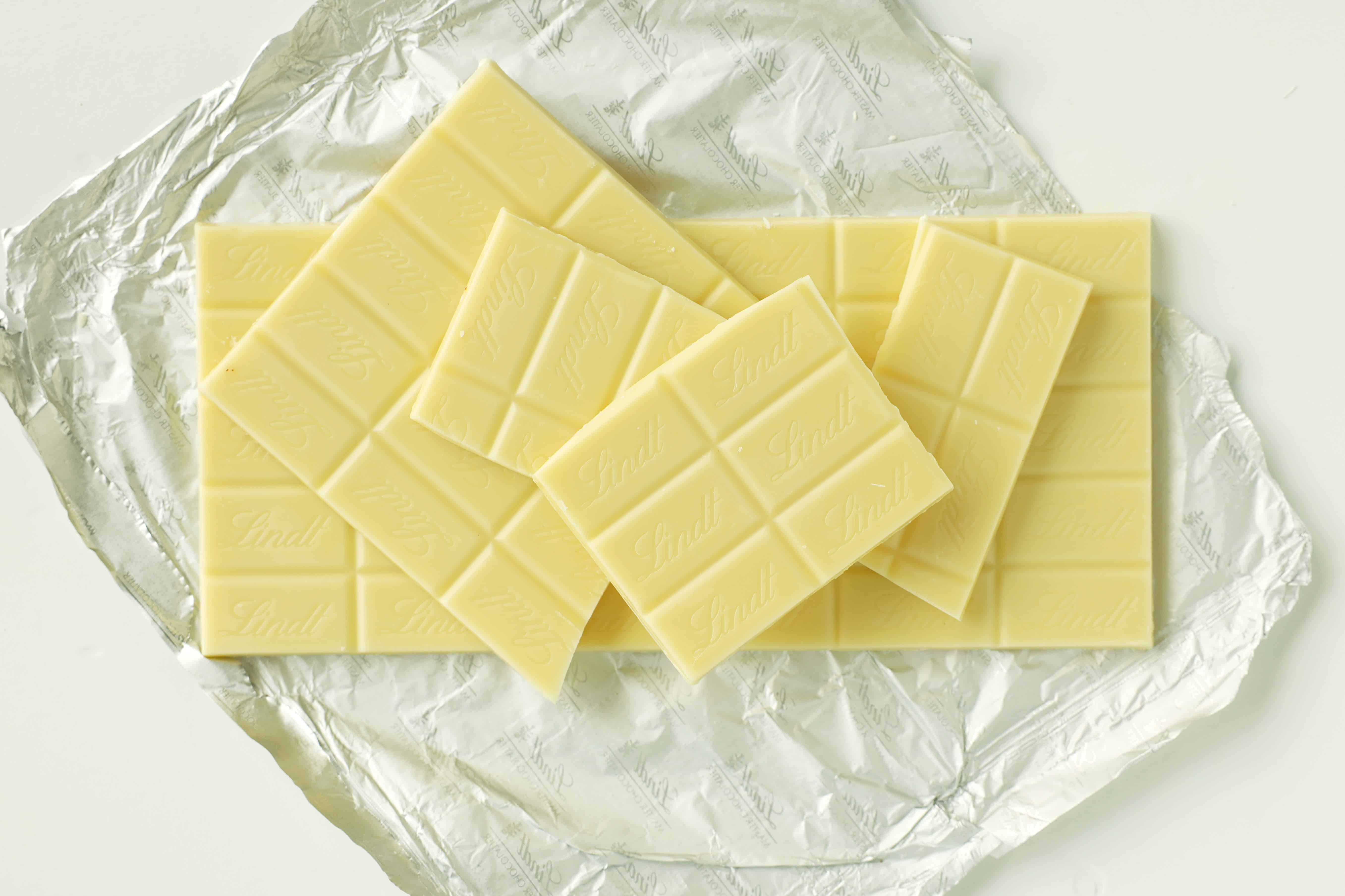 Overhead shot of white chocolate bars for white hot chocolate