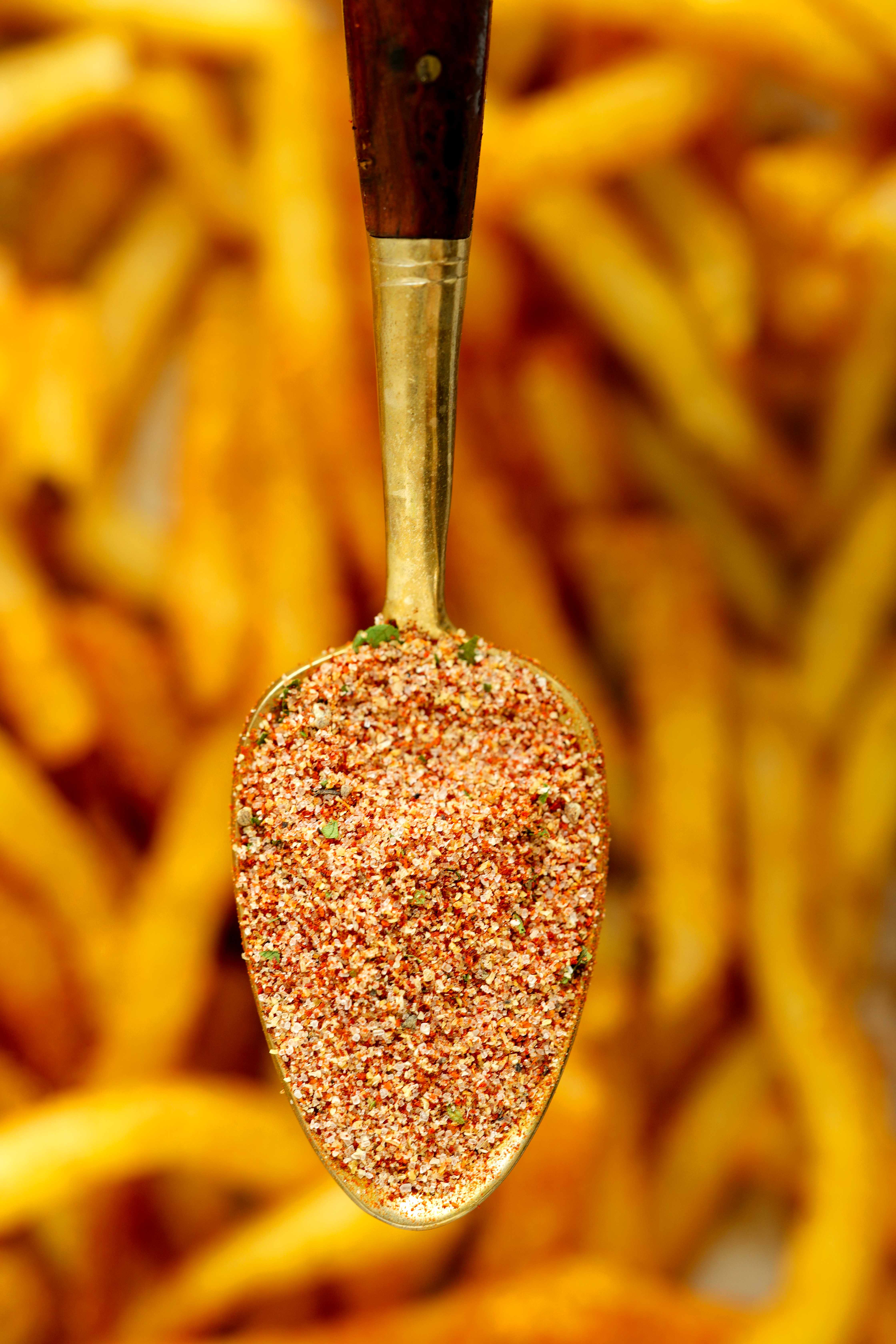 Close-up of a spoonful of homemade fry seasoning blend held above a tray of golden French fries.