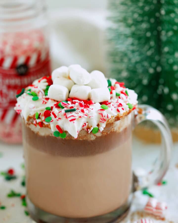 Christmas hot chocolate in a glass mug with whipped cream and crushed candy canes.