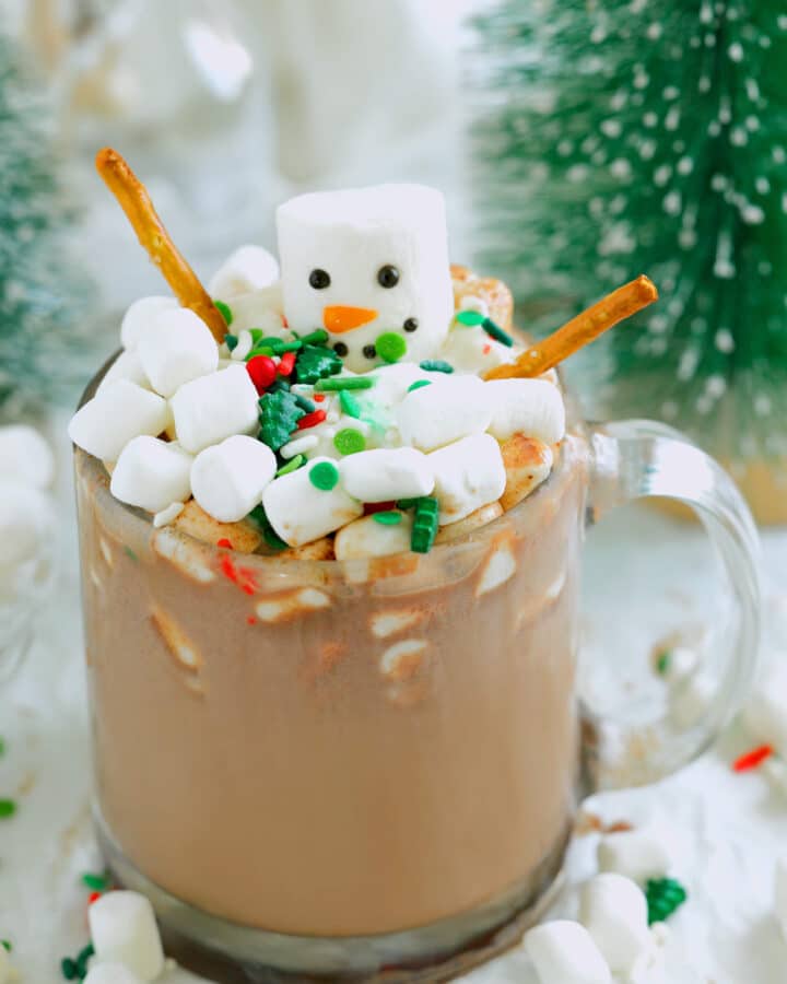Glass mug of hot chocolate topped with a marshmallow snowman, mini marshmallows, sprinkles, and pretzel-stick arms; snowy bottle-brush trees blurred behind.