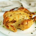 Roasted whole chicken with golden skin resting on plate