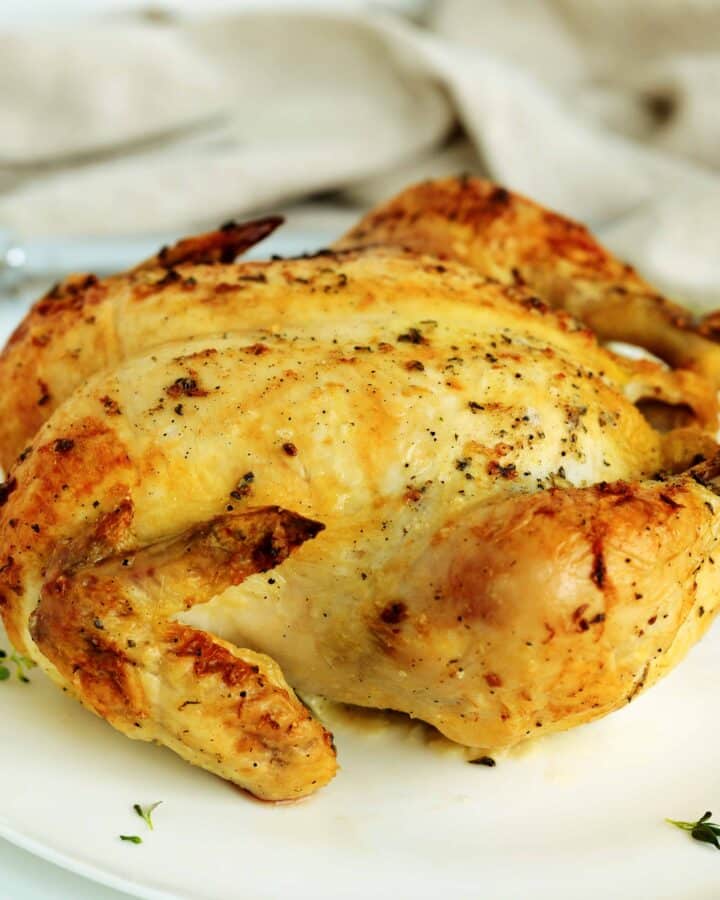 Roasted whole chicken with golden skin resting on plate