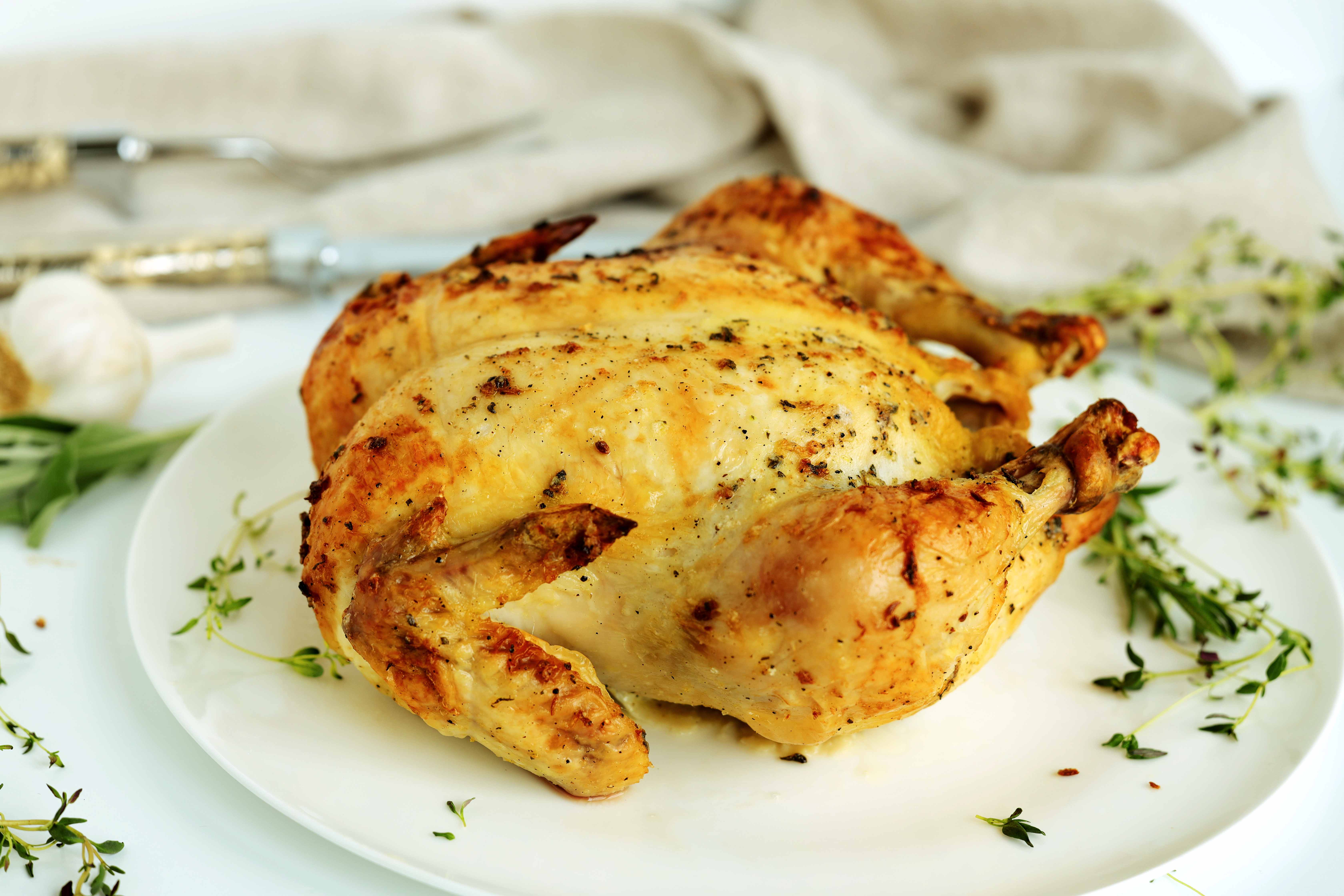 Roasted whole chicken with golden skin resting on plate